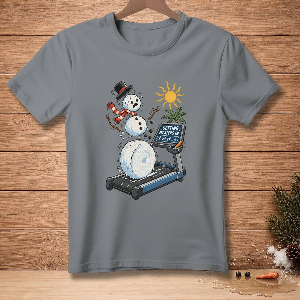 Snowman melting on treadmill with "Getting My Steps In" text.