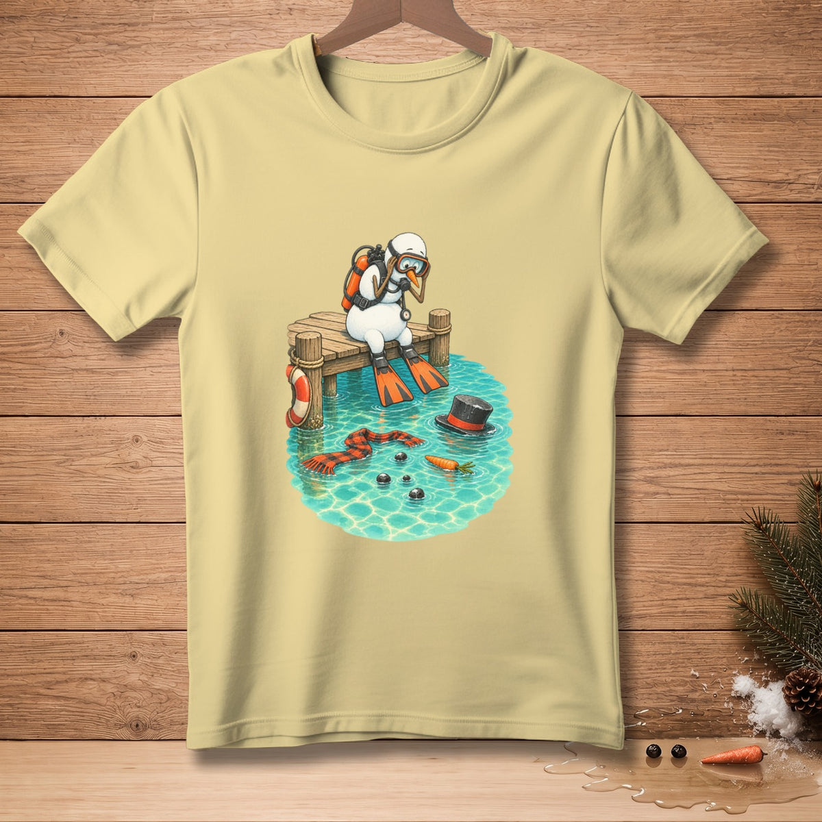 Snowman in scuba gear sits on dock with flippers, snorkel, and oxygen tank.