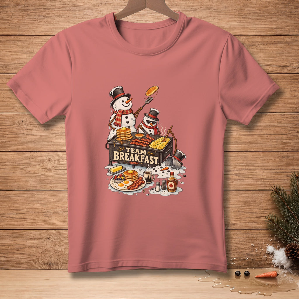 Snowmen cooking breakfast on a grill with "Team Breakfast" text.