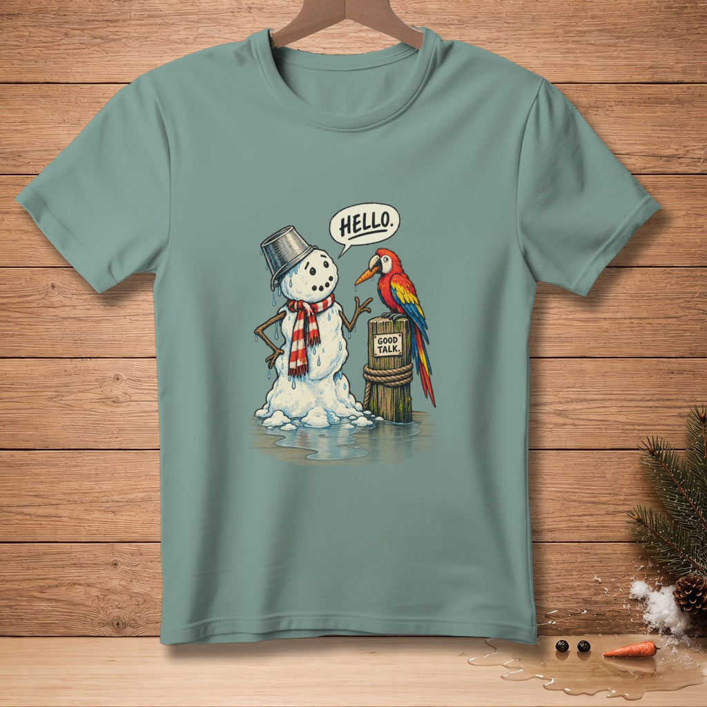 Snowman with bucket hat and scarf talks to a parrot on a post saying "Good Talk".