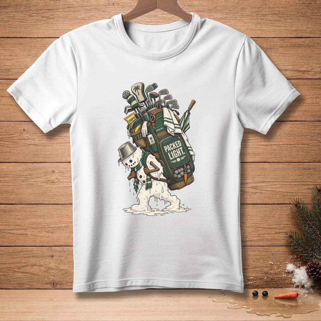 Melting snowman carries golf bag with clubs and umbrella, text "PACKED LIGHT."