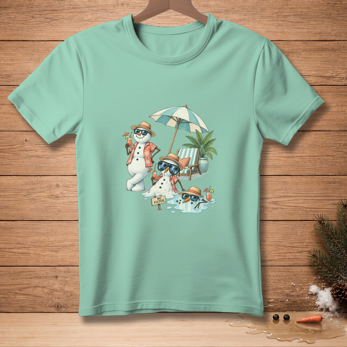 Three melting snowmen in sunglasses and Hawaiian shirts relax on a beach under an umbrella.