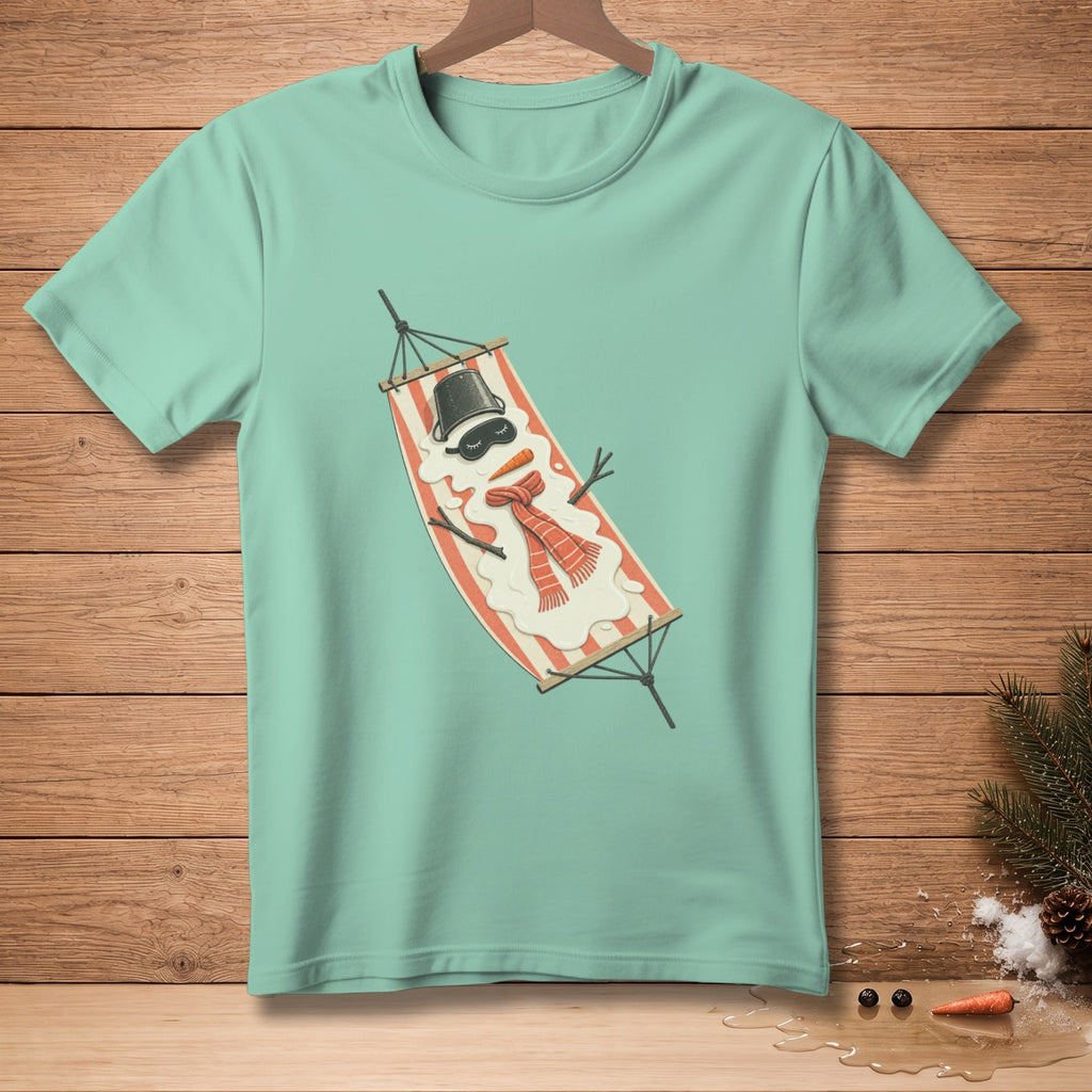 Mint t-shirt with melting snowman in hammock graphic and black hat.