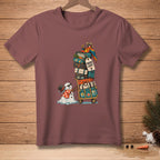 Melting snowman with suitcase tower and parrot, text "PACKED LIGHT".