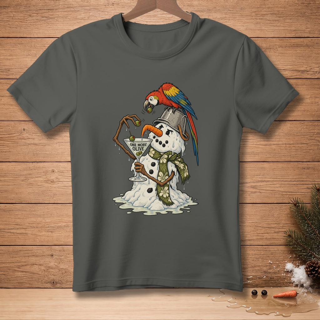 Melting snowman with a bucket hat, scarf, and martini glass, parrot on head.