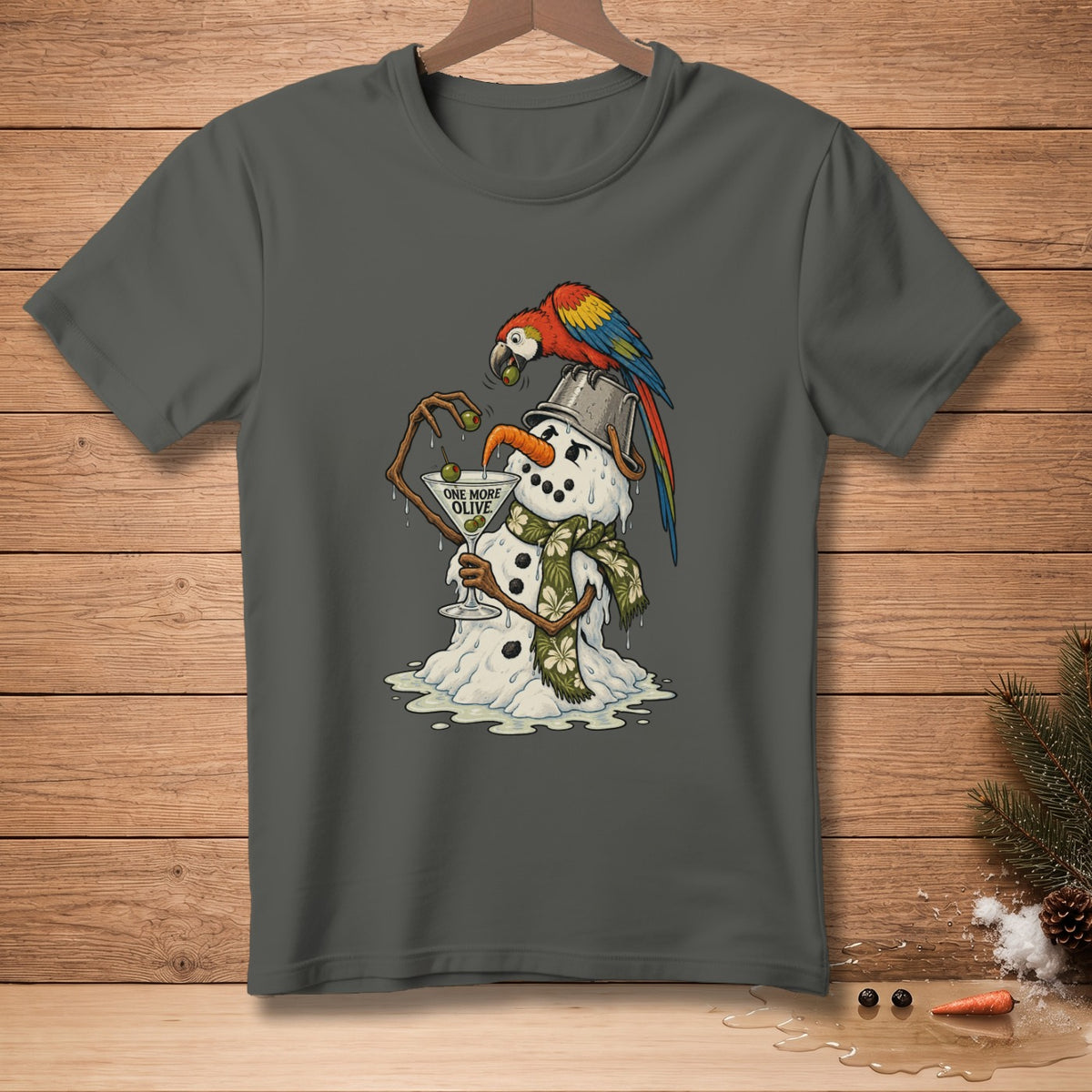 Melting snowman with a bucket hat, scarf, and martini glass, parrot on head.