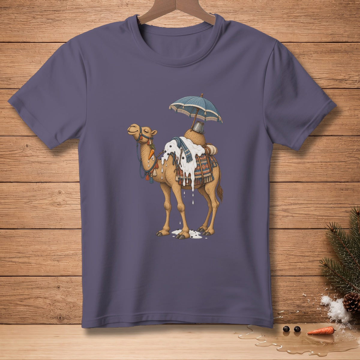 Camel with dripping white substance, blue umbrella, and patterned saddle.