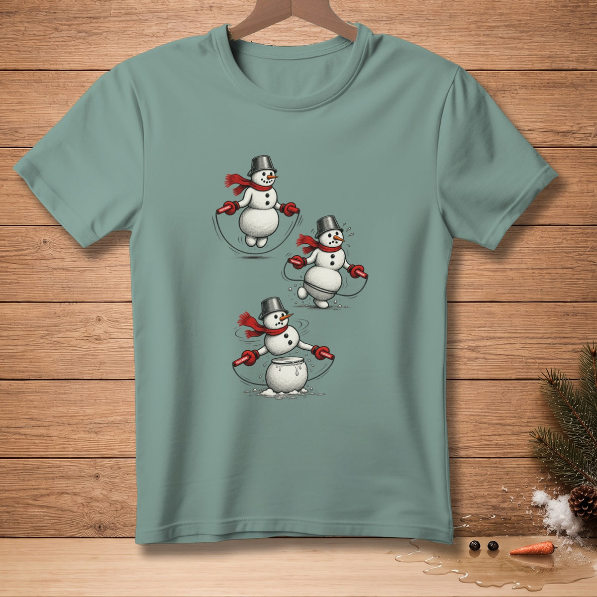 Three snowmen with red scarves and black bucket hats jump rope.
