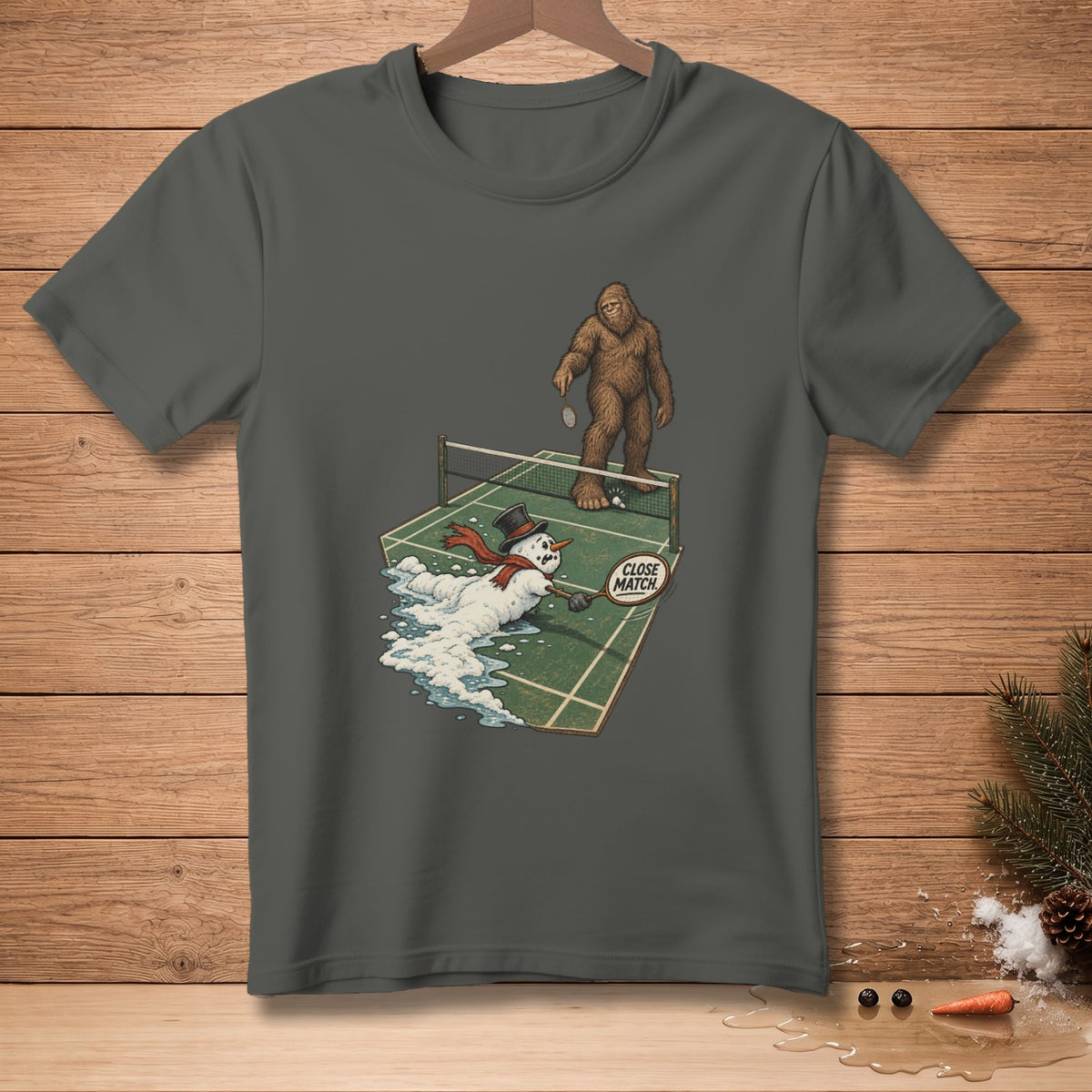 Bigfoot plays tennis against a melting snowman with a "Close Match" sign.