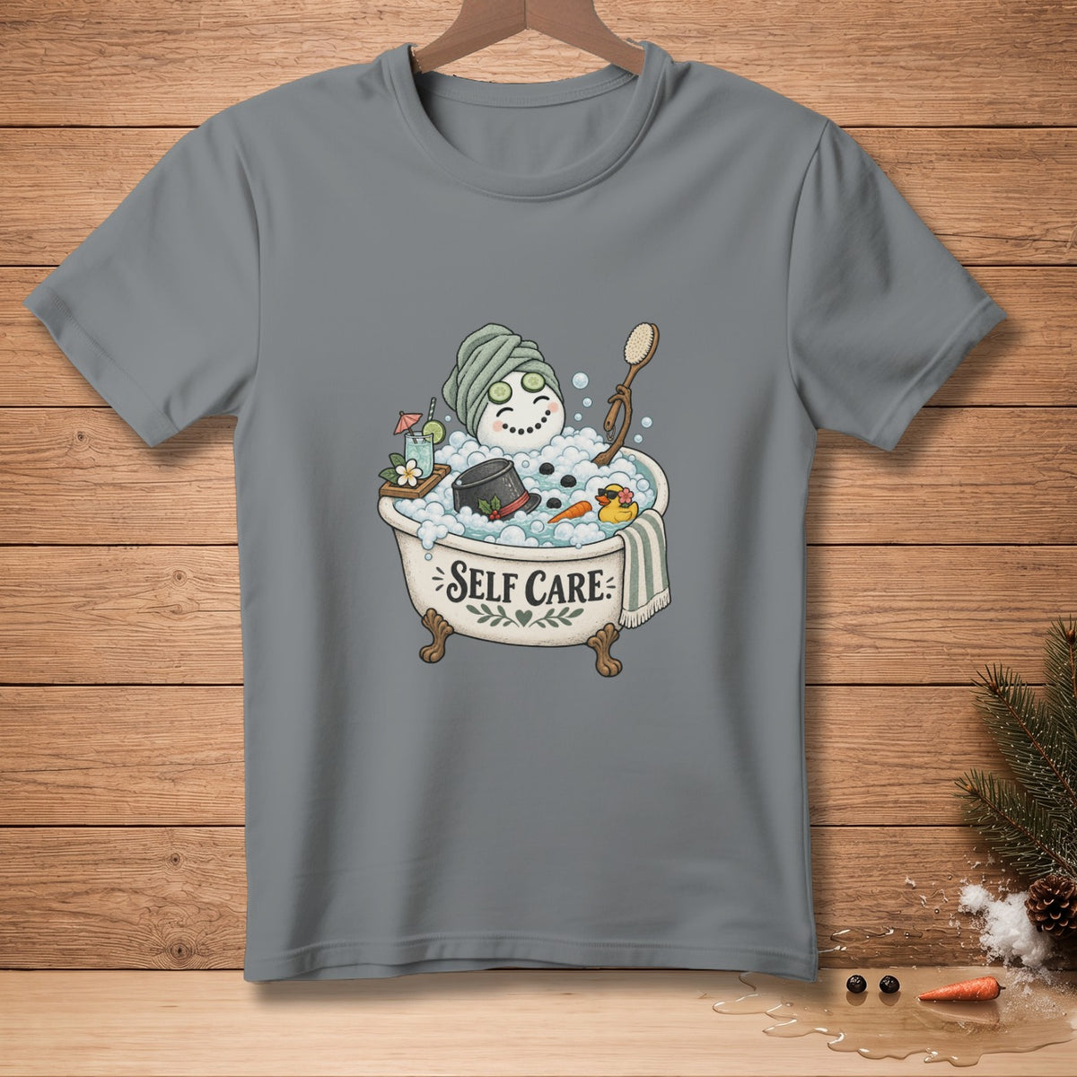 Snowman enjoying a bubble bath with "SELF CARE" text on bathtub.