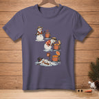 Graphic of snowmen melting while trying to stay warm with a stove.