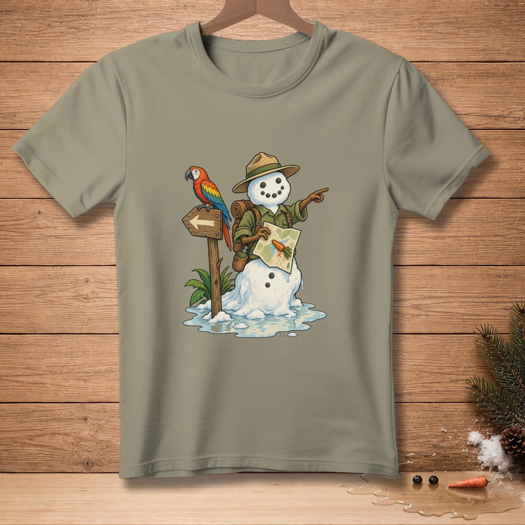 Snowman with parrot on a signpost, holding a map, pointing with a carrot nose.