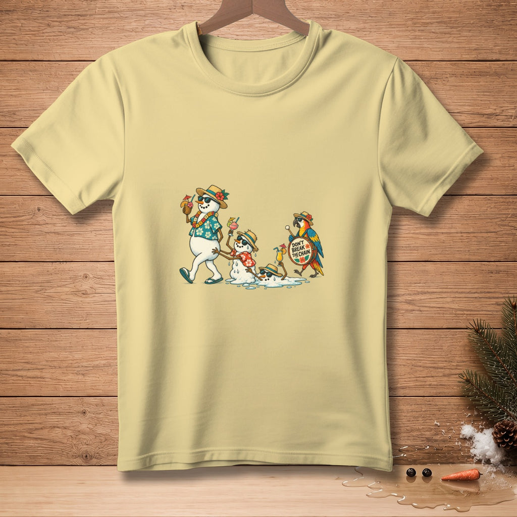 Yellow t-shirt graphic of melting snowmen with drinks and a parrot saying "Don't Break the Chain."