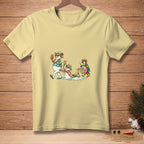 Yellow t-shirt graphic of melting snowmen with drinks and a parrot saying "Don't Break the Chain."