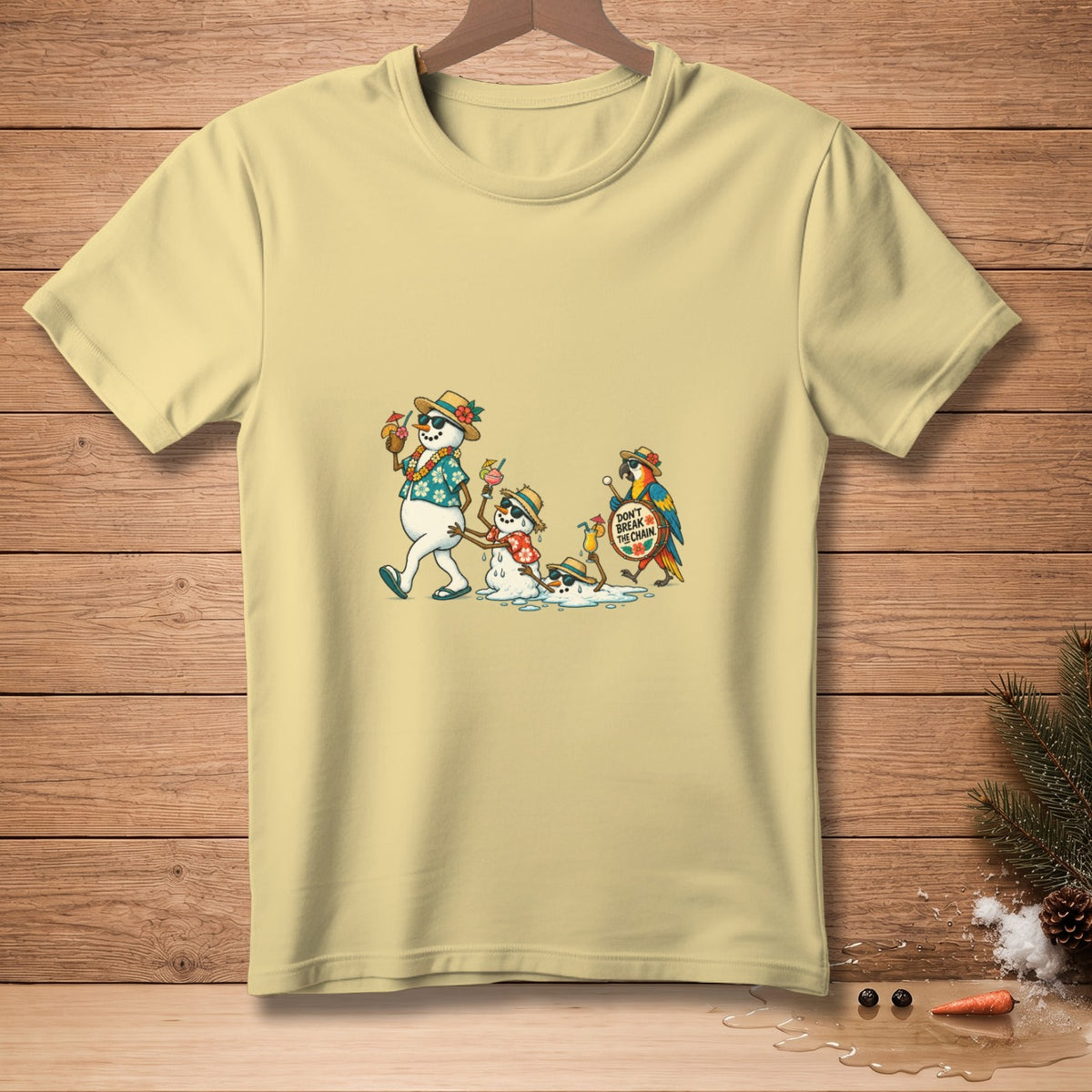 Yellow t-shirt graphic of melting snowmen with drinks and a parrot saying "Don't Break the Chain."