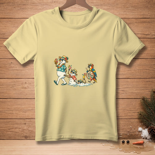 Yellow t-shirt graphic of melting snowmen with drinks and a parrot saying "Don't Break the Chain."
