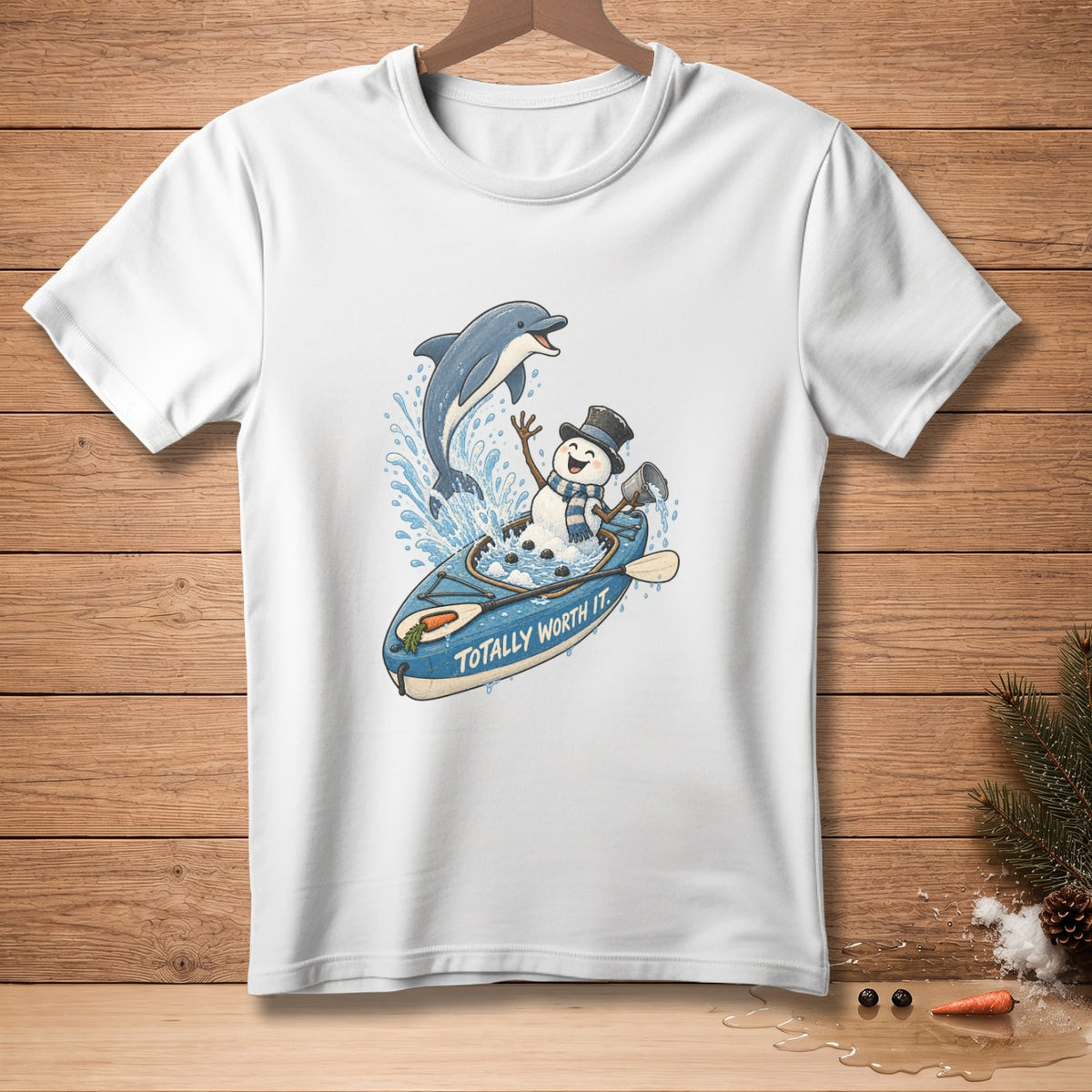 Snowman in kayak with dolphin, text "Totally Worth It."