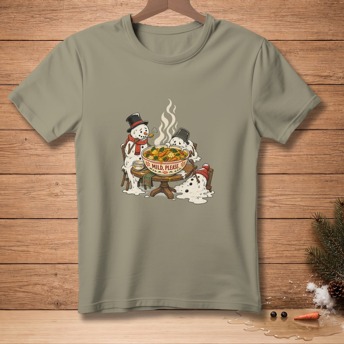 Melting snowmen eat from a steaming bowl labeled "MILD, PLEASE."