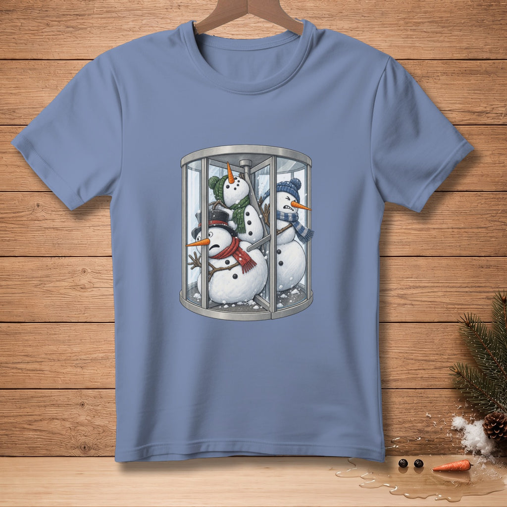 Three snowmen wearing scarves and hats are stuck in a revolving door.