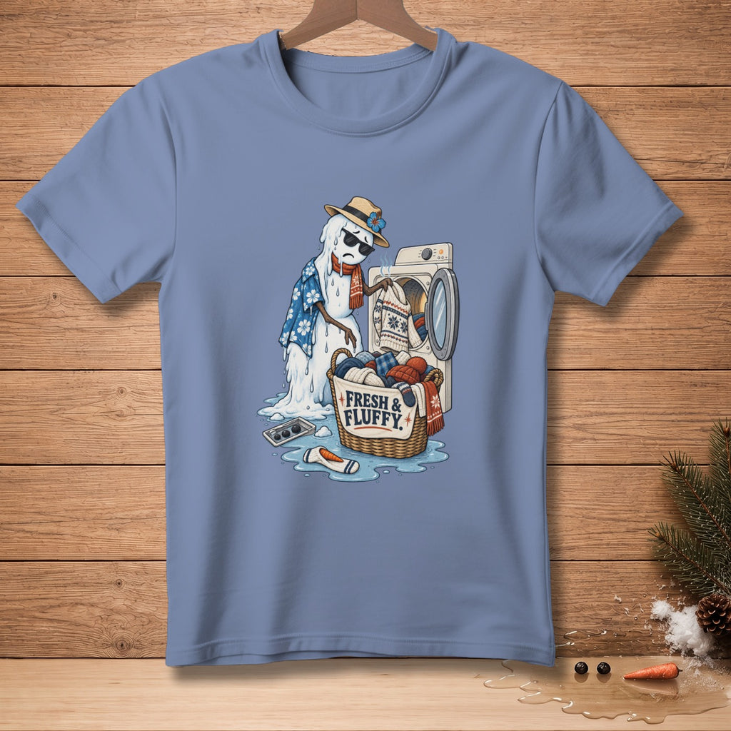 Melting snowman in Hawaiian shirt near washing machine with "Fresh & Fluffy" laundry basket.