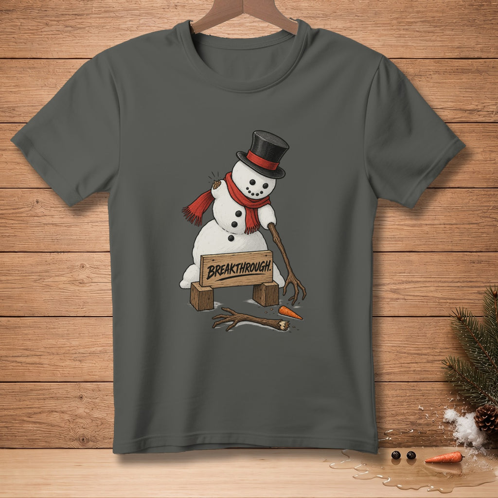 Snowman with broken arm leaning on a sign that says "BREAKTHROUGH".