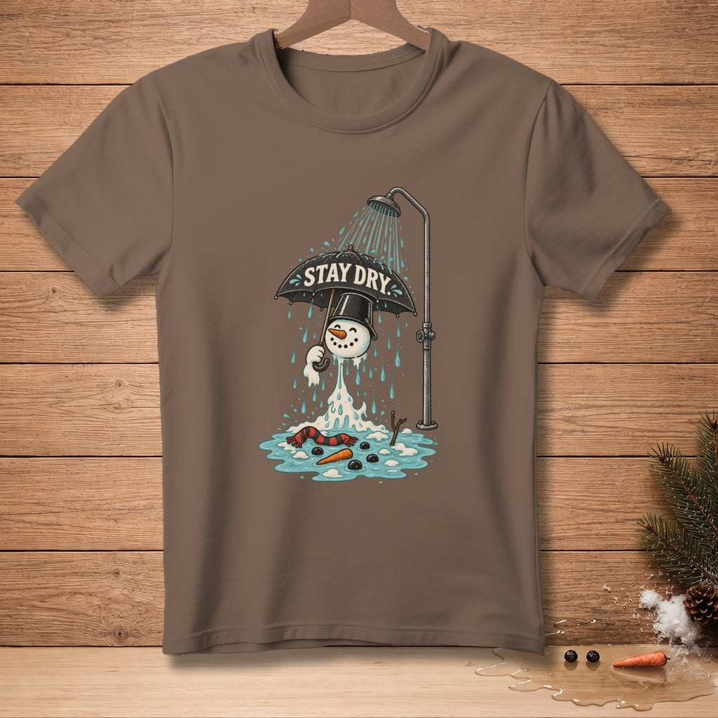 Snowman under a shower holding an umbrella with "STAY DRY" text.