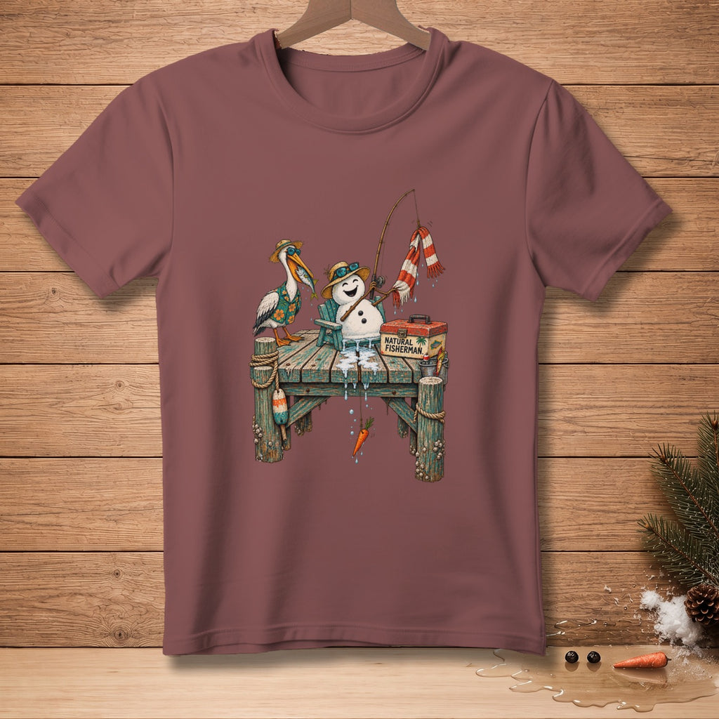 Snowman and pelican fishing on a dock, with "Natural Fisherman" text on tackle box.