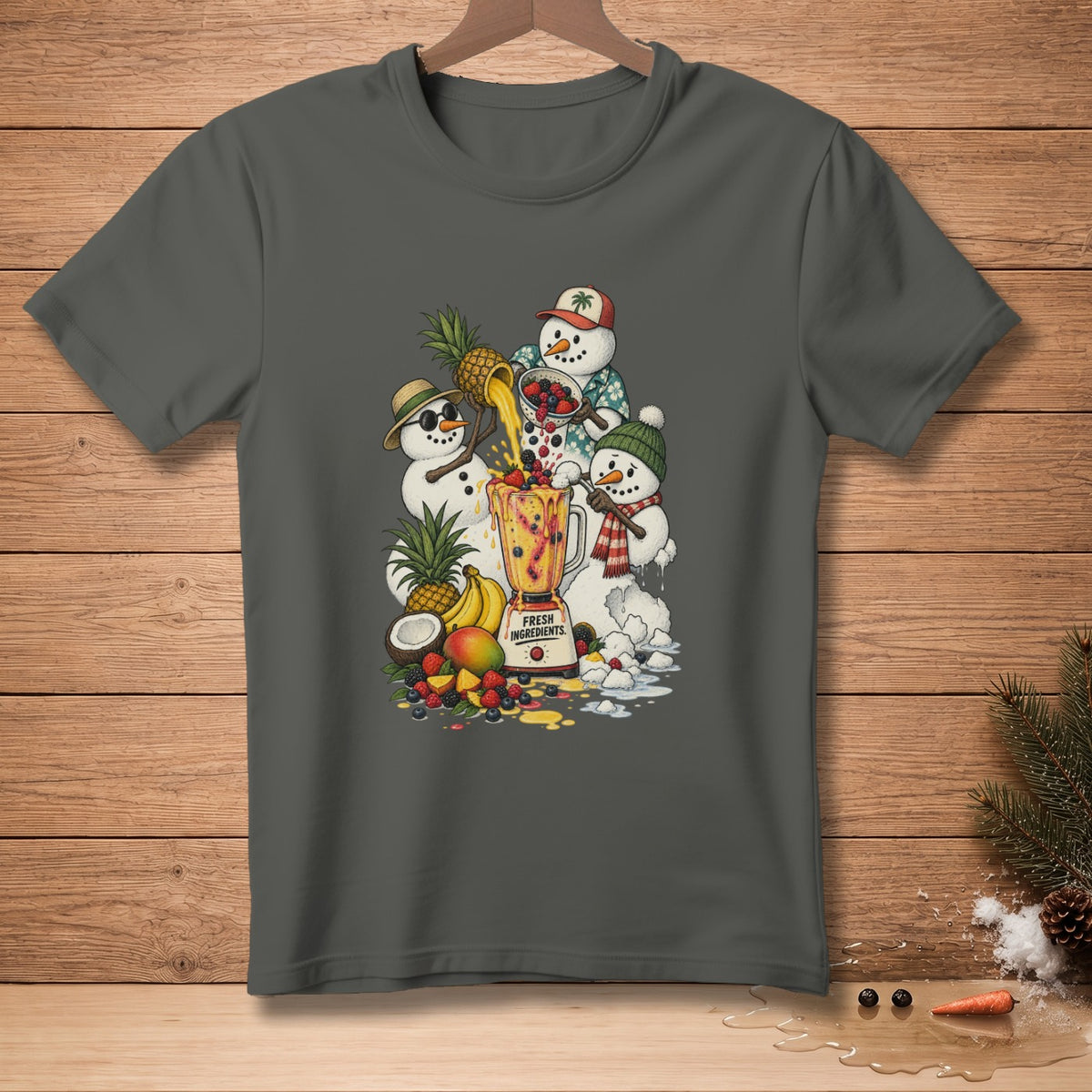 Snowmen making a smoothie with blender, fruits, and "Fresh Ingredients" text.