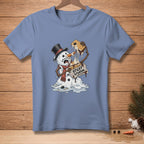 Melting snowman holding a s'more with text "STICKY SITUATION."