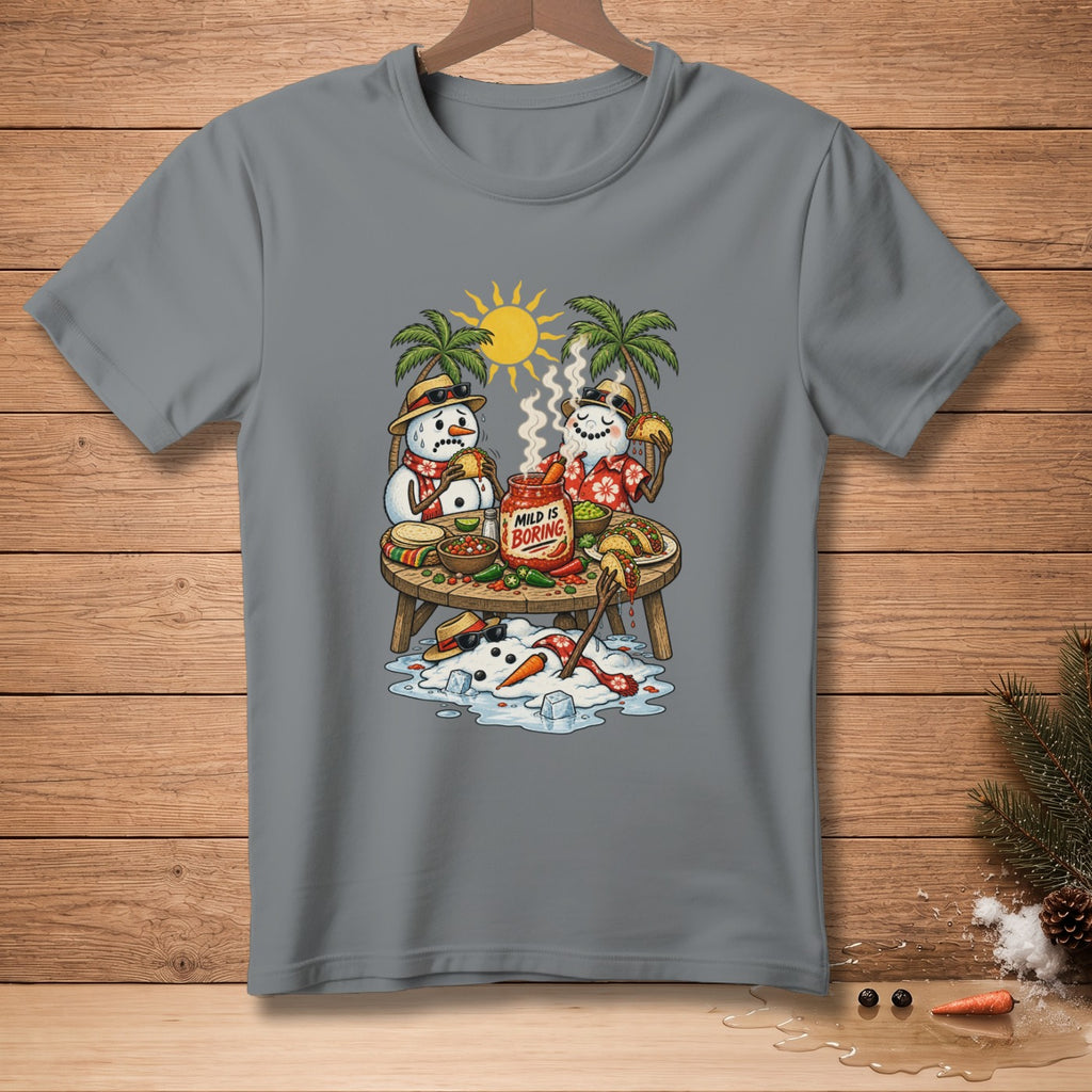 Snowmen wearing Hawaiian shirts eating tacos with "Mild is Boring" sauce.