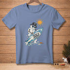 Snowman in bucket hat and sunglasses holding surfboard with "Ready to Shred" text.