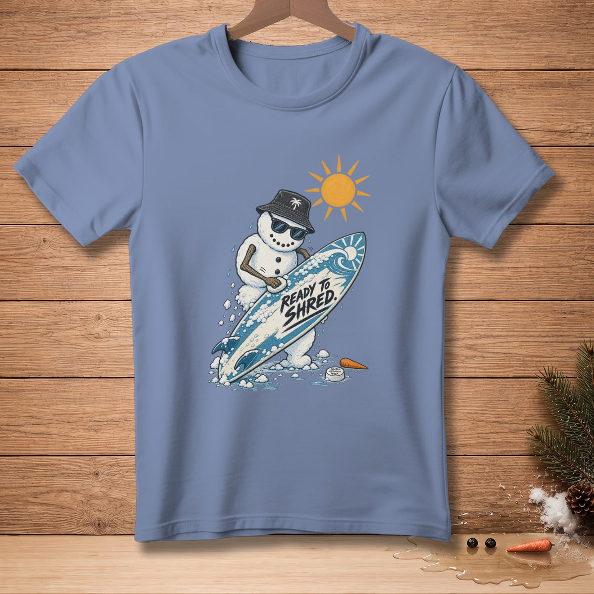 Snowman in bucket hat and sunglasses holding surfboard with "Ready to Shred" text.