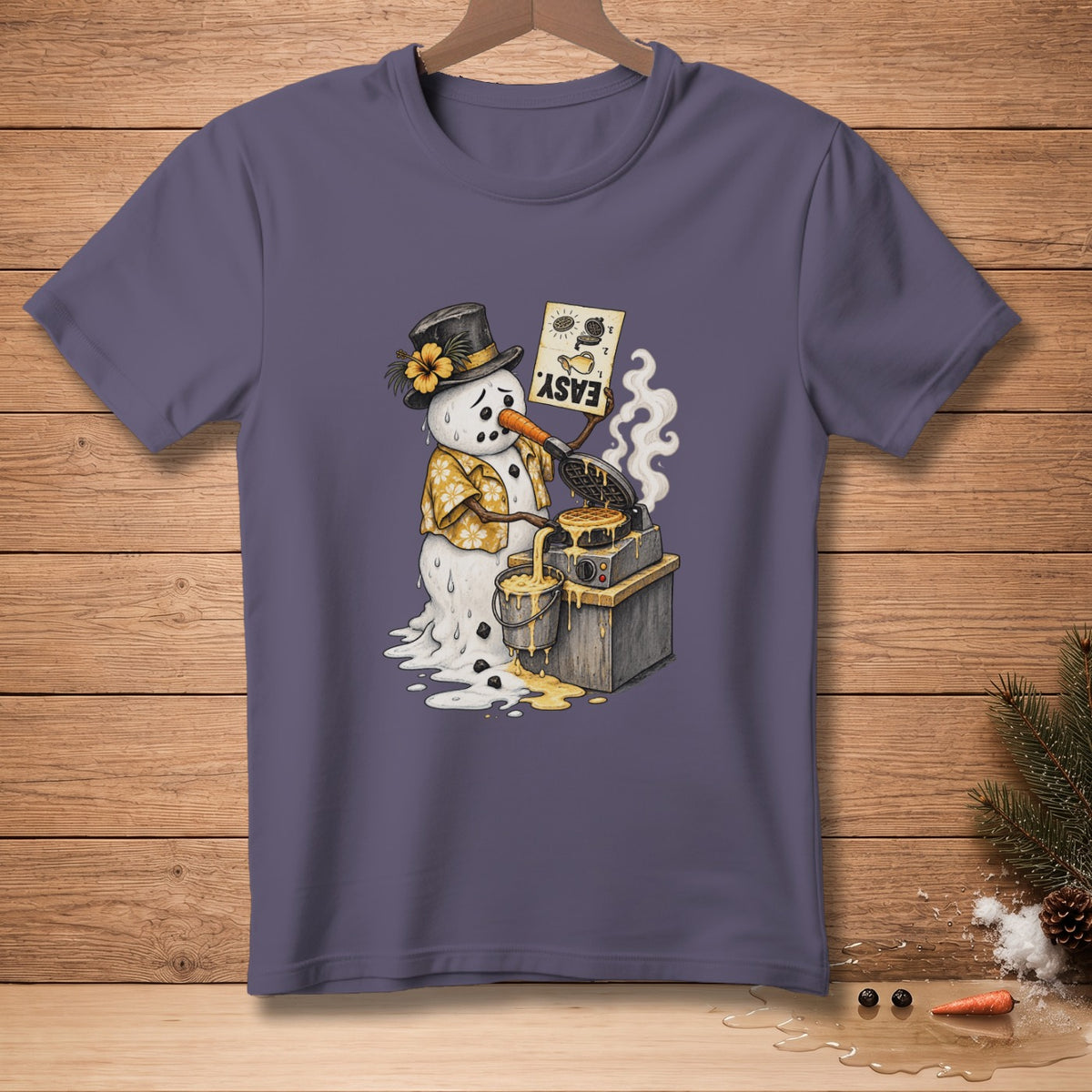 Snowman in Hawaiian shirt and top hat making waffles, with "EASY" sign.