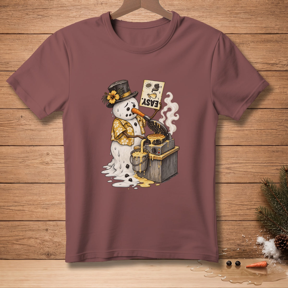 Snowman in a hat and Hawaiian shirt making waffles, "EASY" text on sign.