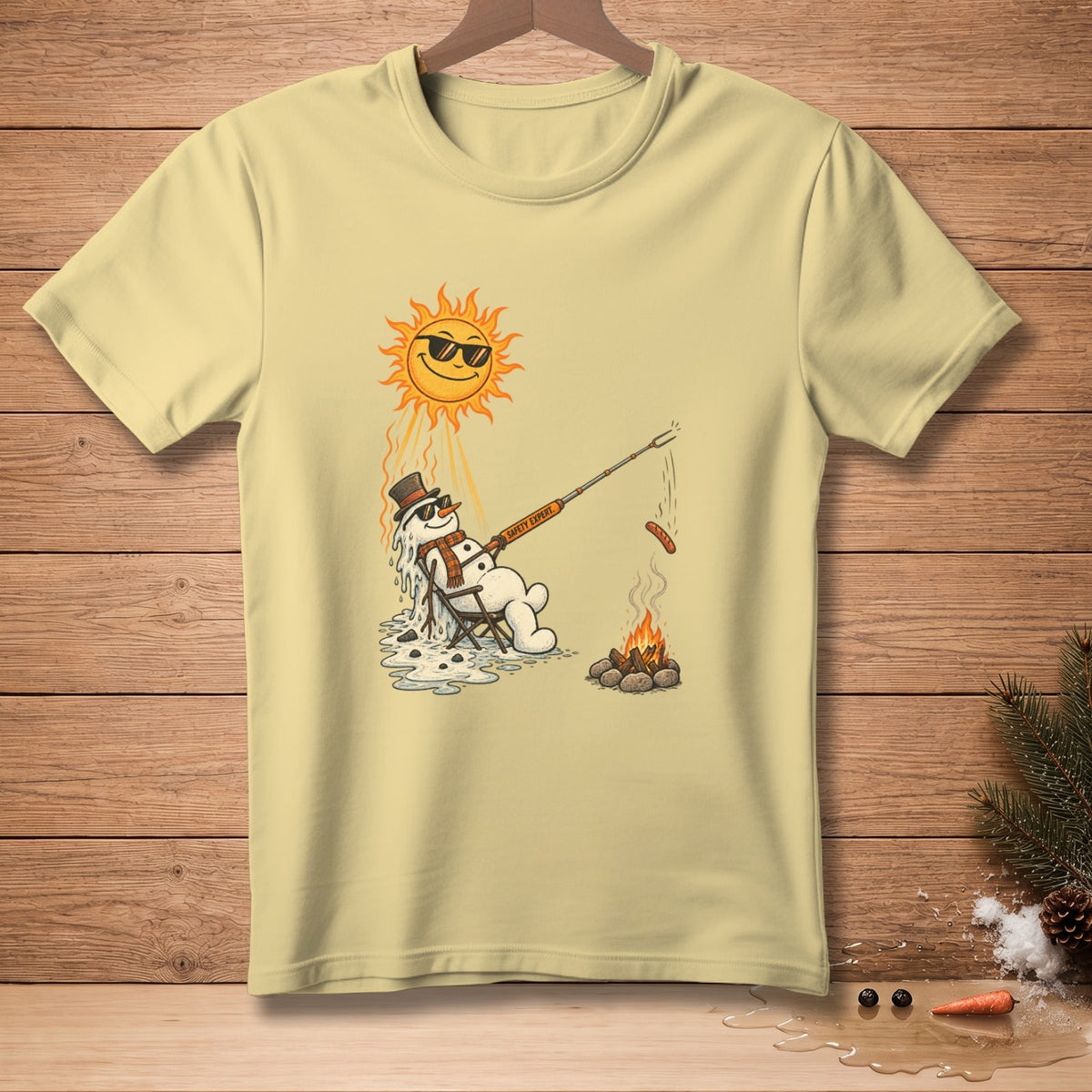 Melting snowman with sunglasses grills sausage over campfire under smiling sun.