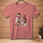 Two snowmen and a parrot enjoy wine with grapes and bottles on a wooden crate.