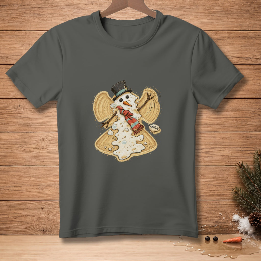 Dark gray t-shirt featuring a snowman angel graphic with a black top hat and red scarf.