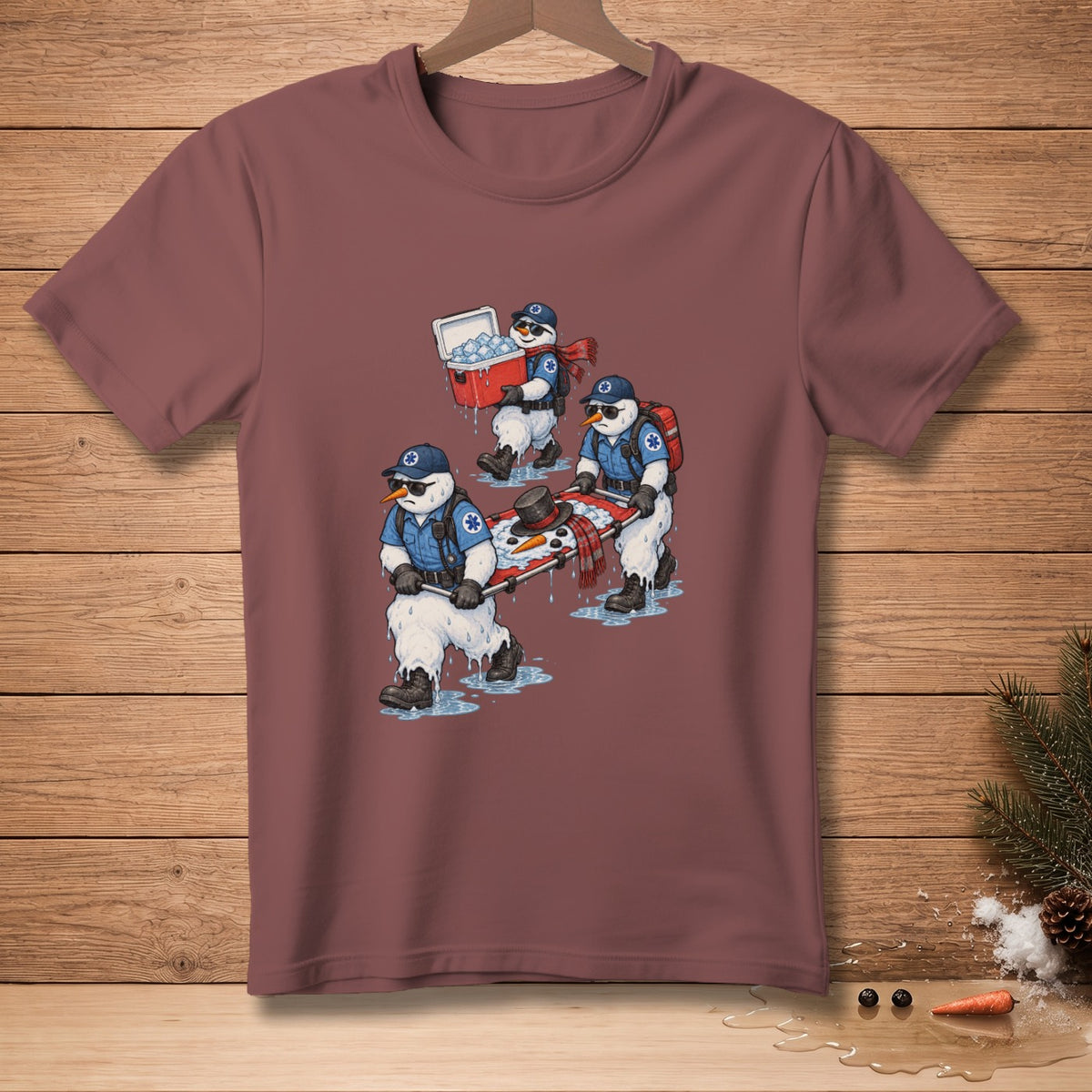Three melting snowmen dressed as EMTs carry a melting snowman on a stretcher.