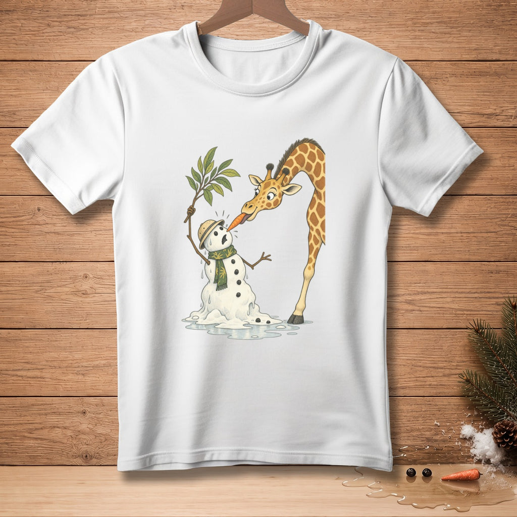 Giraffe feeding carrot to a melting snowman with a branch.