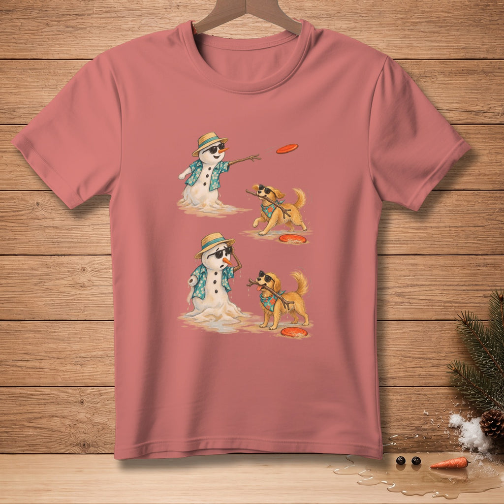 T-shirt graphic: two melting snowmen in Hawaiian shirts and sunglasses playing with dogs and frisbees.