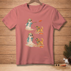 T-shirt graphic: two melting snowmen in Hawaiian shirts and sunglasses playing with dogs and frisbees.