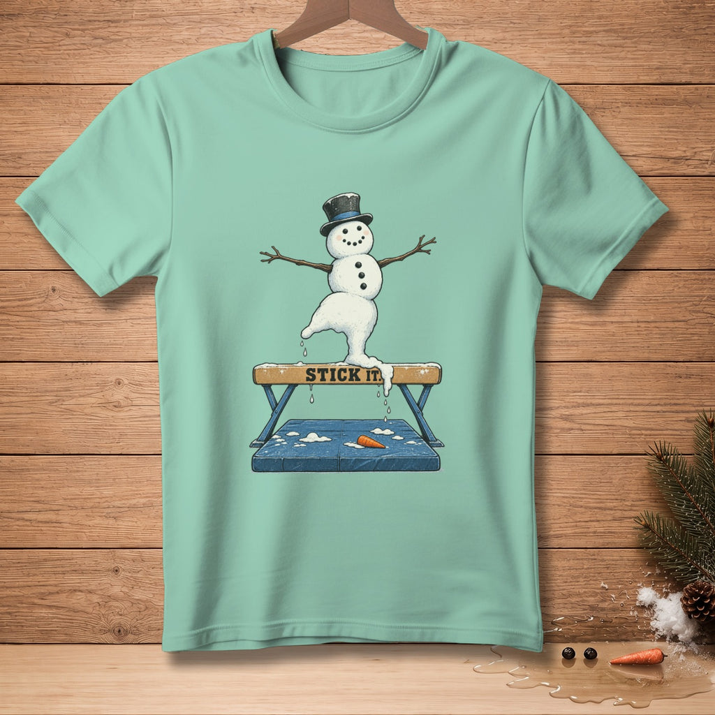 Snowman in a top hat balances on a beam with "STICK IT" text.