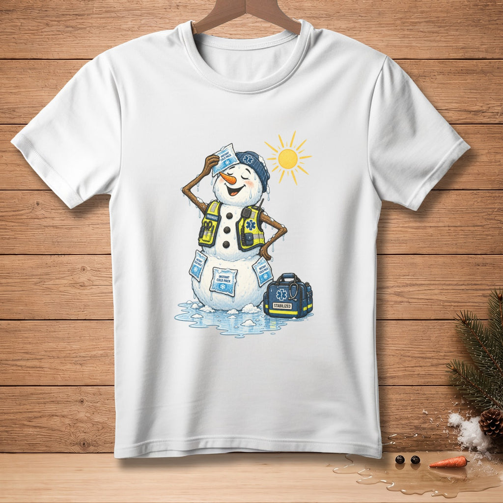 Melting snowman with cold packs, paramedic vest, and medical bag under the sun.