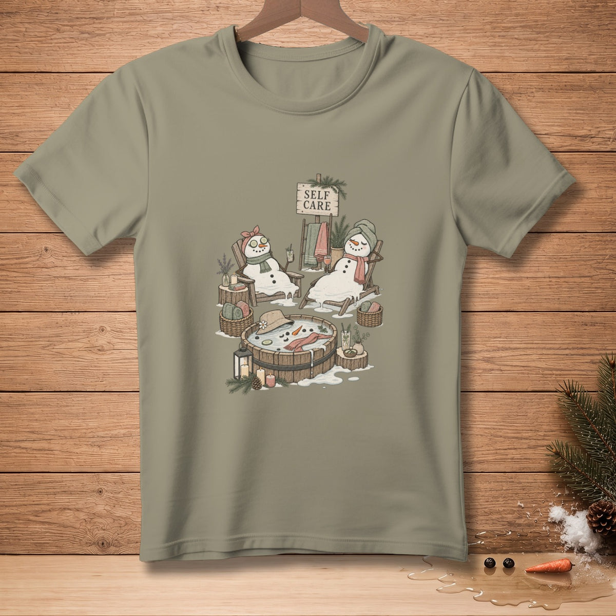 Snowmen relax in lounge chairs near a hot tub with "SELF CARE" sign.