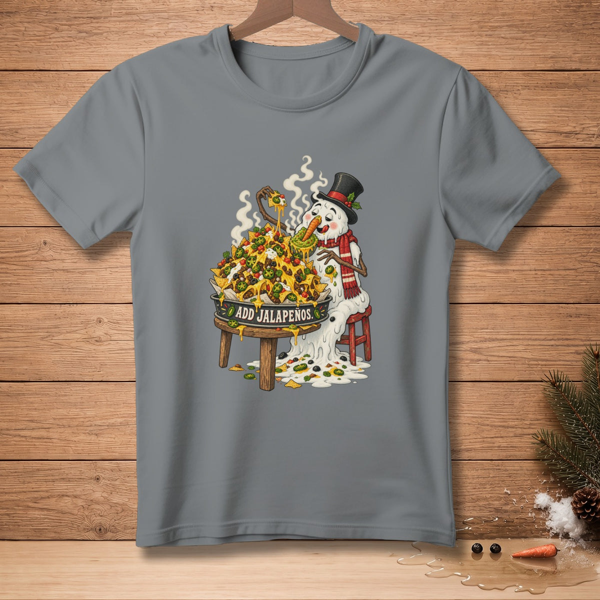 Melting snowman in a top hat eating a huge pile of nachos with "Add Jalapenos" text.