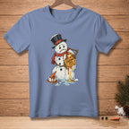 Melting snowman in a top hat holding a waffle with "CUSTOM FIT" text.