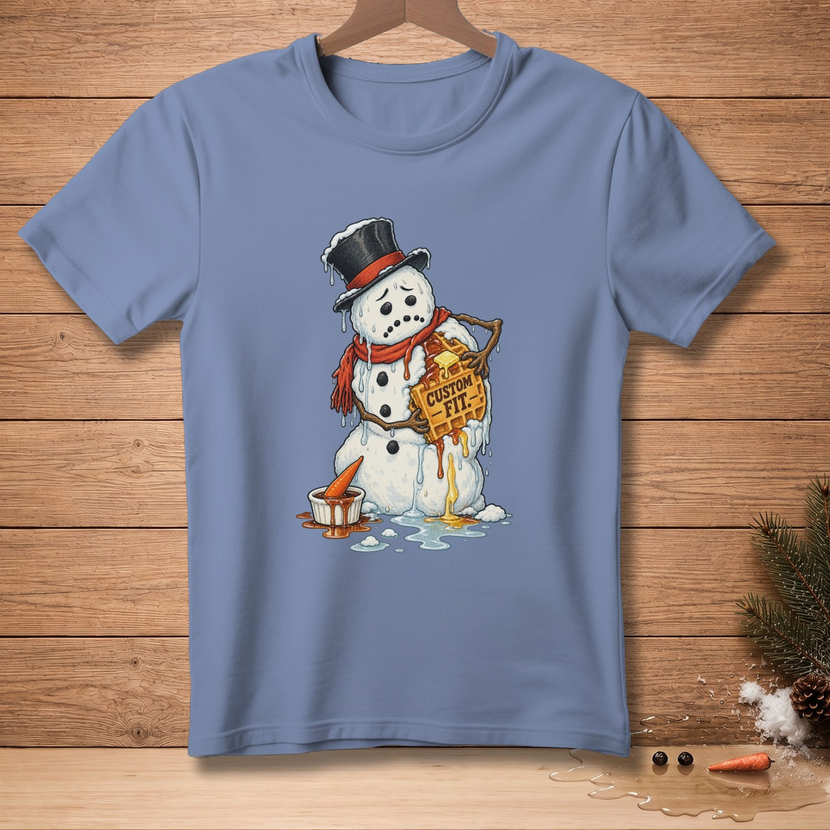 Melting snowman in a top hat holding a waffle with "CUSTOM FIT" text.