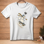 White t-shirt with a cartoon snowman skateboarding and text "Stick the Landing."