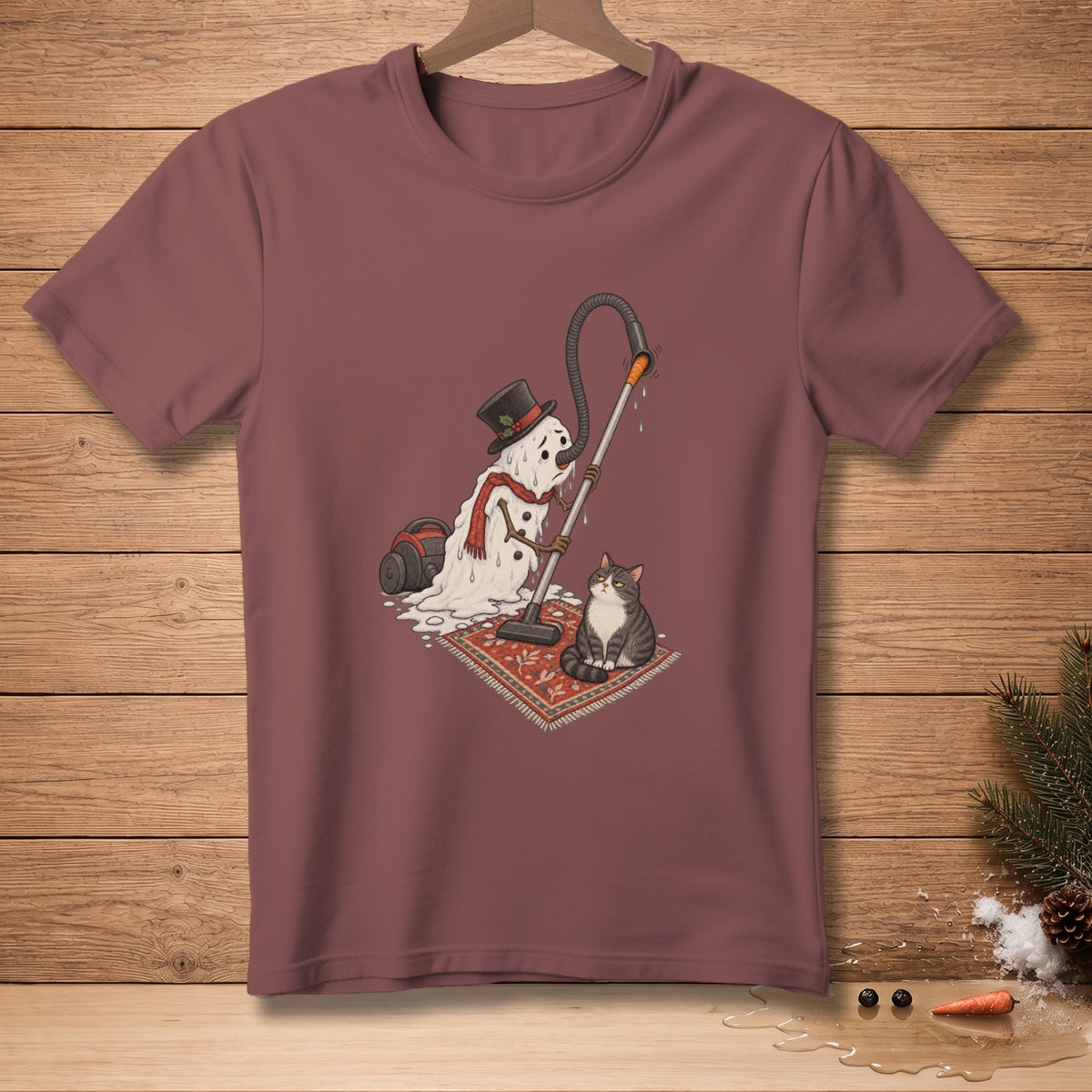 Melting snowman in a top hat vacuuming with a cat watching nearby.