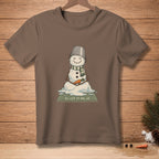 Melting snowman in meditative pose with text "LET IT GO."